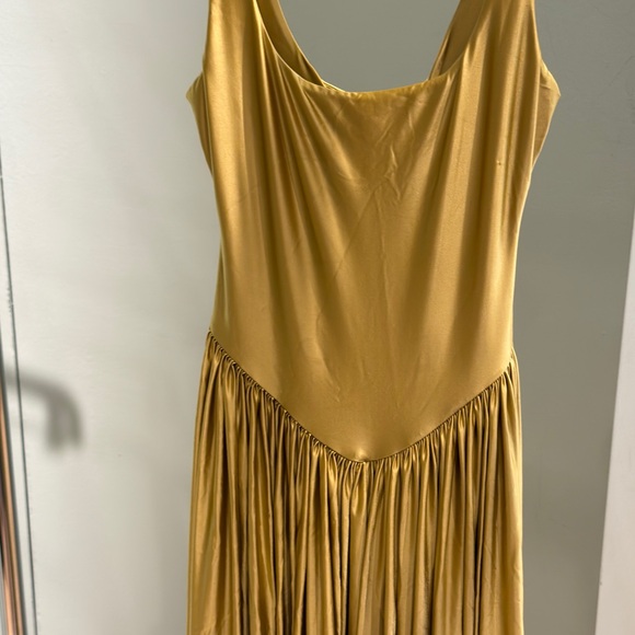 Sleek Olive Satin Pleated Maxi Dress - Picture 4 of 4